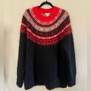 H&M Women’s Mohair wool-blend Fair Isle crewneck sweater black red Sz M ski